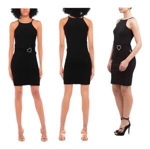 Love Moschino Halter Sleeveless Bodycon Knit Mini Dress with Crystal Heart Belt